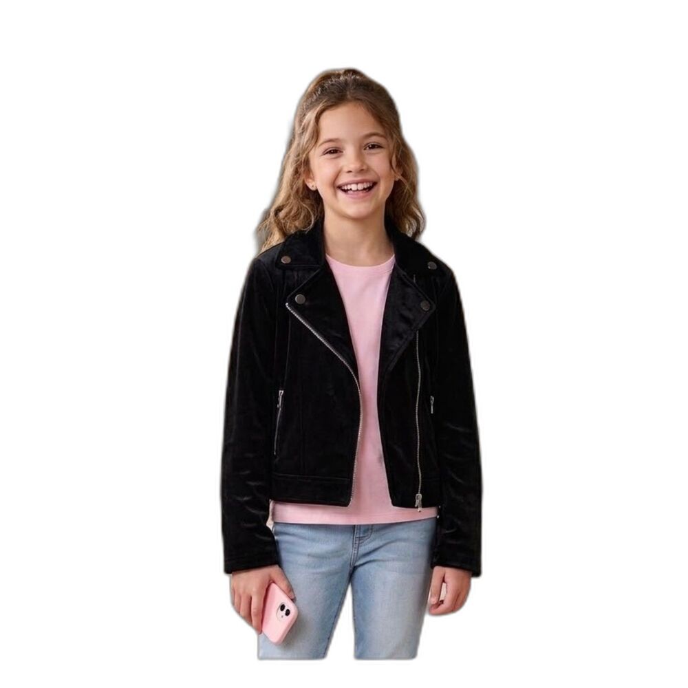 NWOT Justice girls black velvet moto jacket size 10 lined lace up sleeve